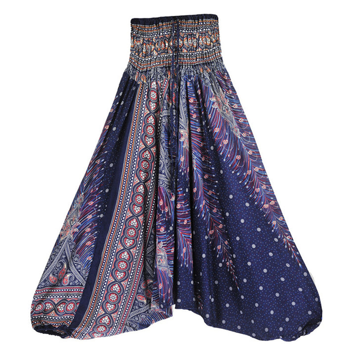 Buddha Stones Two Style Wear Feathers Geometric Pattern Loose Smocked Trousers Jumpsuit Women's Yoga Pants - Blue Purple Peacock - US2-12，UK/AU6-16，EU34-44 (F) - image 37