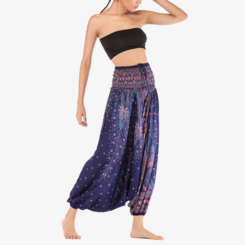 Buddha Stones Two Style Wear Feathers Geometric Pattern Loose Smocked Trousers Jumpsuit Women's Yoga Pants - image 40