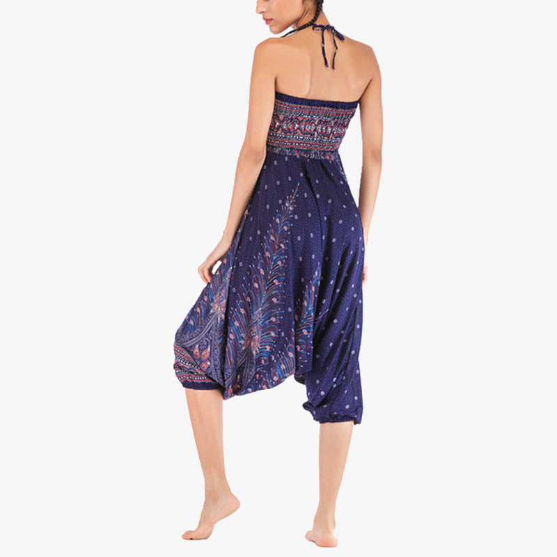 Buddha Stones Two Style Wear Feathers Geometric Pattern Loose Smocked Trousers Jumpsuit Women's Yoga Pants - image 44