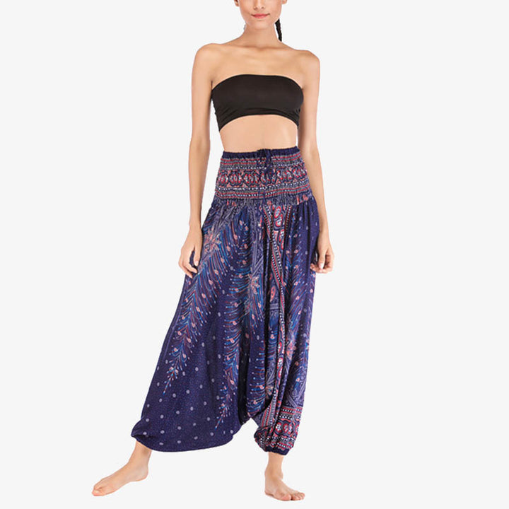 Buddha Stones Two Style Wear Feathers Geometric Pattern Loose Smocked Trousers Jumpsuit Women's Yoga Pants - image 39