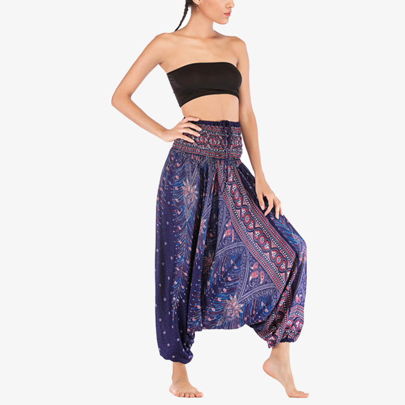 Buddha Stones Two Style Wear Feathers Geometric Pattern Loose Smocked Trousers Jumpsuit Women's Yoga Pants - image 38