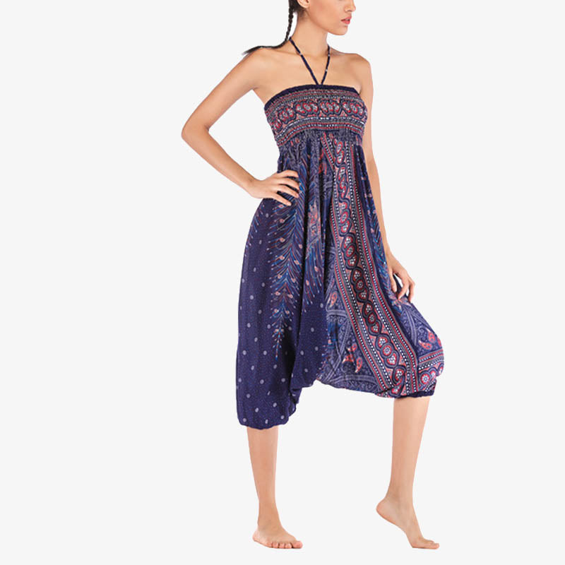 Buddha Stones Two Style Wear Feathers Geometric Pattern Loose Smocked Trousers Jumpsuit Women's Yoga Pants - image 45