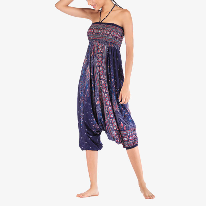 Buddha Stones Two Style Wear Feathers Geometric Pattern Loose Smocked Trousers Jumpsuit Women's Yoga Pants - image 43