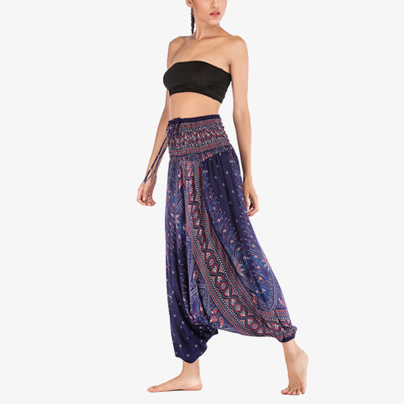 Buddha Stones Two Style Wear Feathers Geometric Pattern Loose Smocked Trousers Jumpsuit Women's Yoga Pants