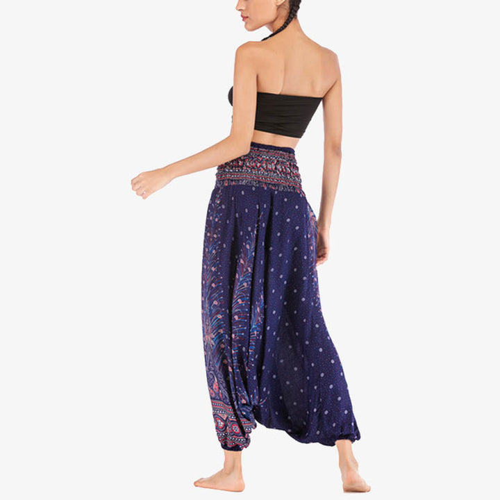 Buddha Stones Two Style Wear Feathers Geometric Pattern Loose Smocked Trousers Jumpsuit Women's Yoga Pants - image 41