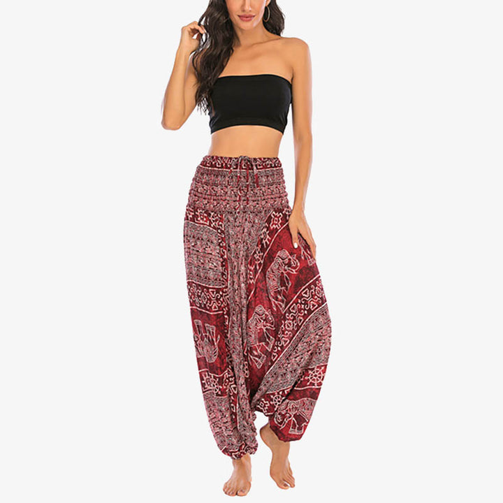 Buddha Stones Two Style Wear Elephant Pattern Loose Smocked Harem Trousers Jumpsuit Women's Yoga Pants