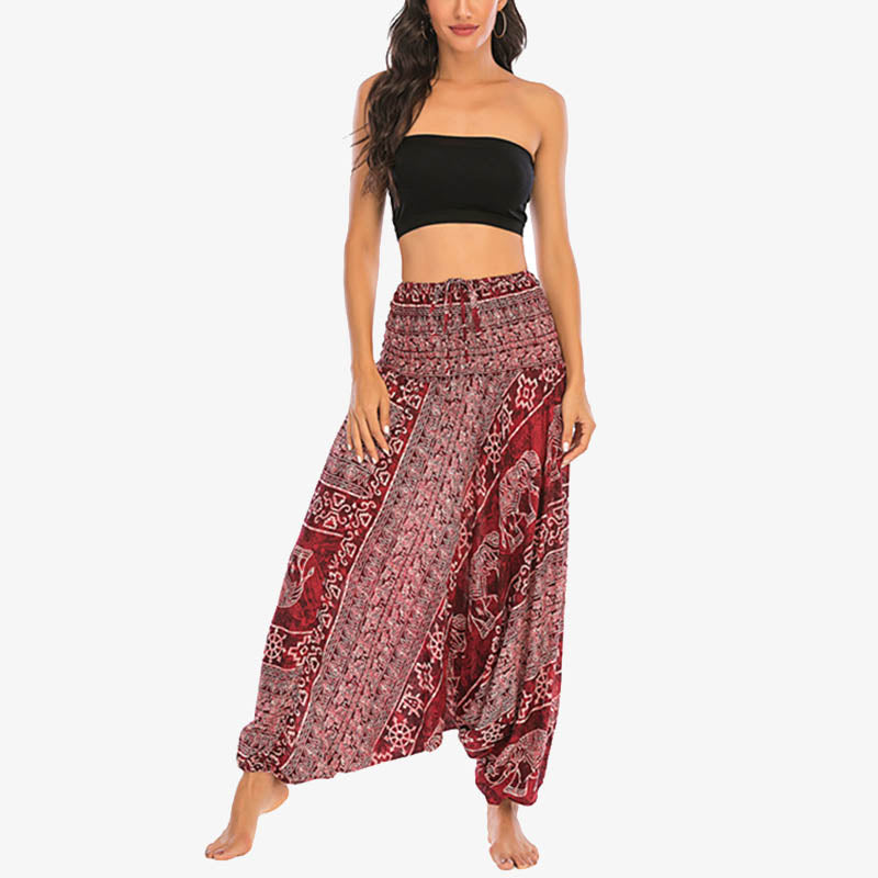 Buddha Stones Two Style Wear Elephant Pattern Loose Smocked Harem Trousers Jumpsuit Women's Yoga Pants - image 1