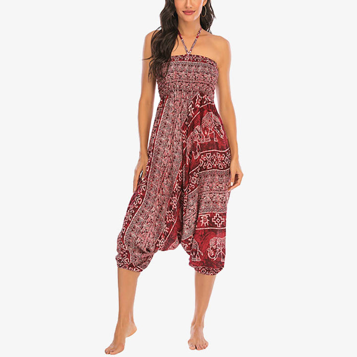 Buddha Stones Two Style Wear Elephant Pattern Loose Smocked Harem Trousers Jumpsuit Women's Yoga Pants