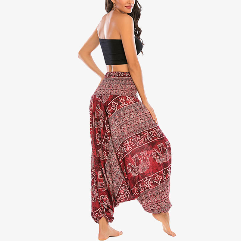 Buddha Stones Two Style Wear Elephant Pattern Loose Smocked Harem Trousers Jumpsuit Women's Yoga Pants