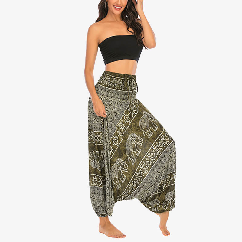 Buddha Stones Two Style Wear Elephant Pattern Loose Smocked Harem Trousers Jumpsuit Women's Yoga Pants