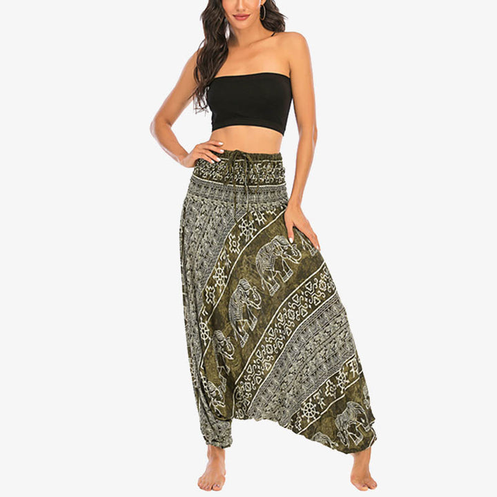 Buddha Stones Two Style Wear Elephant Pattern Loose Smocked Harem Trousers Jumpsuit Women's Yoga Pants