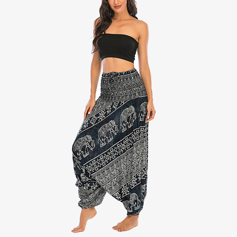 Buddha Stones Two Style Wear Elephant Pattern Loose Smocked Harem Trousers Jumpsuit Women's Yoga Pants - image 26
