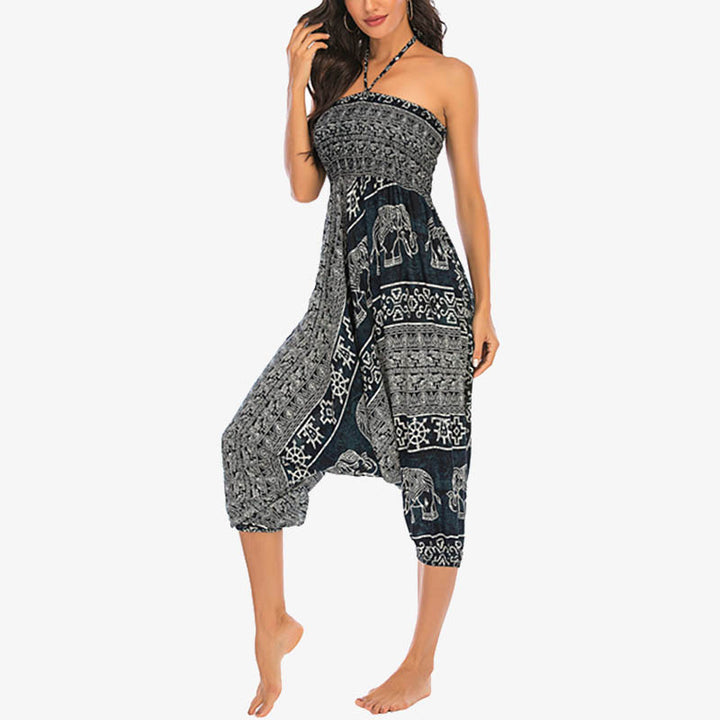 Buddha Stones Two Style Wear Elephant Pattern Loose Smocked Harem Trousers Jumpsuit Women's Yoga Pants