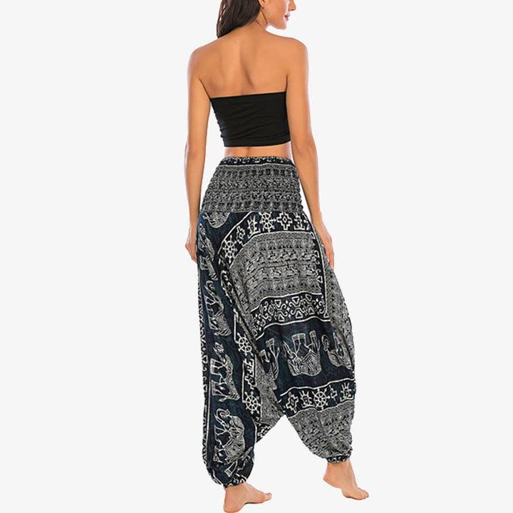 Buddha Stones Two Style Wear Elephant Pattern Loose Smocked Harem Trousers Jumpsuit Women's Yoga Pants