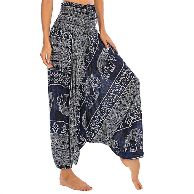 Buddha Stones Two Style Wear Elephant Pattern Loose Smocked Harem Trousers Jumpsuit Women's Yoga Pants