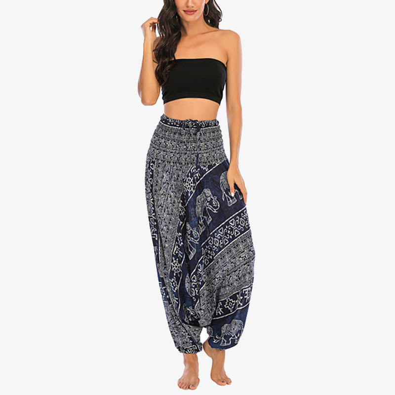 Buddha Stones Two Style Wear Elephant Pattern Loose Smocked Harem Trousers Jumpsuit Women's Yoga Pants - image 36