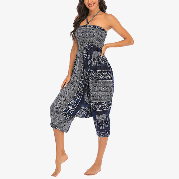 Buddha Stones Two Style Wear Elephant Pattern Loose Smocked Harem Trousers Jumpsuit Women's Yoga Pants