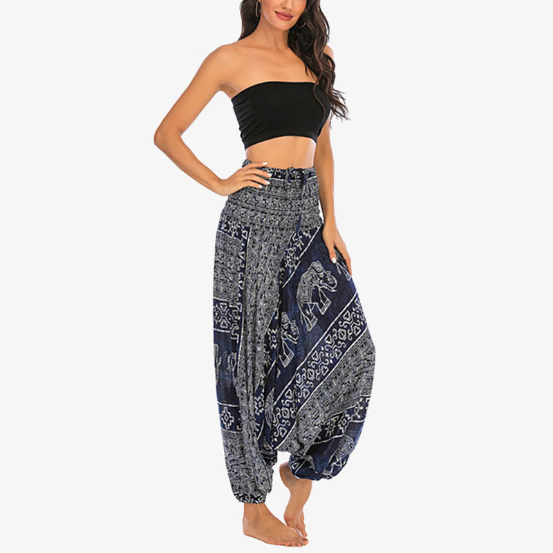 Buddha Stones Two Style Wear Elephant Pattern Loose Smocked Harem Trousers Jumpsuit Women's Yoga Pants