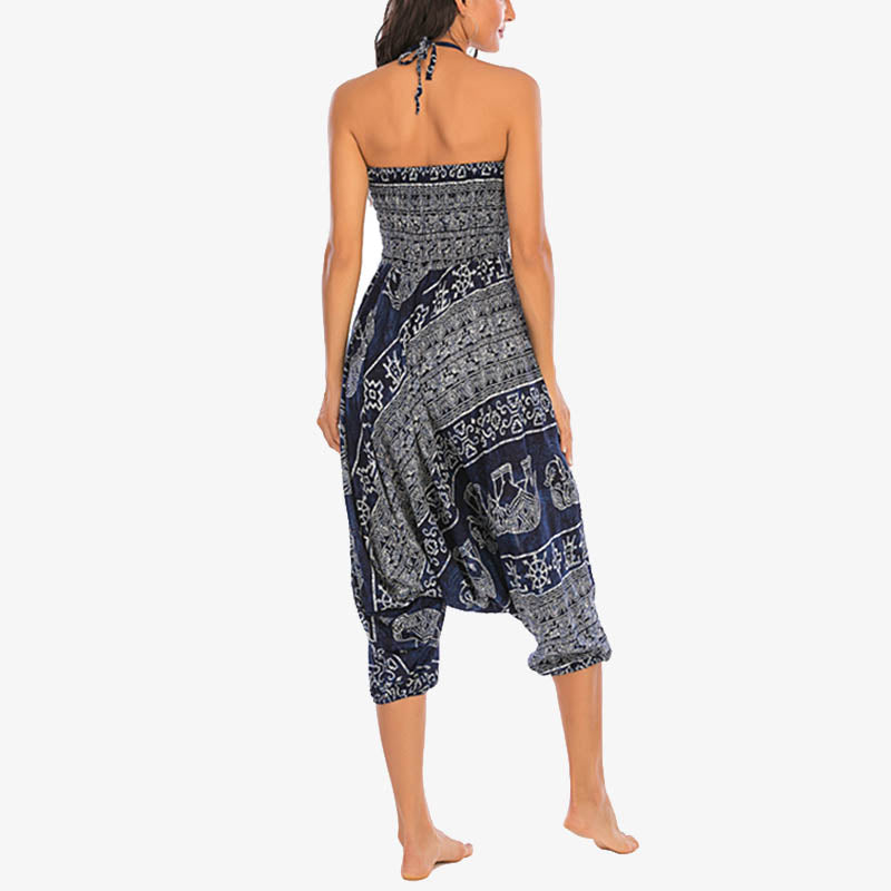 Buddha Stones Two Style Wear Elephant Pattern Loose Smocked Harem Trousers Jumpsuit Women's Yoga Pants