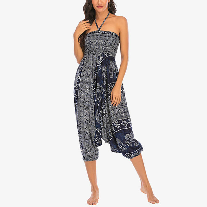 Buddha Stones Two Style Wear Elephant Pattern Loose Smocked Harem Trousers Jumpsuit Women's Yoga Pants