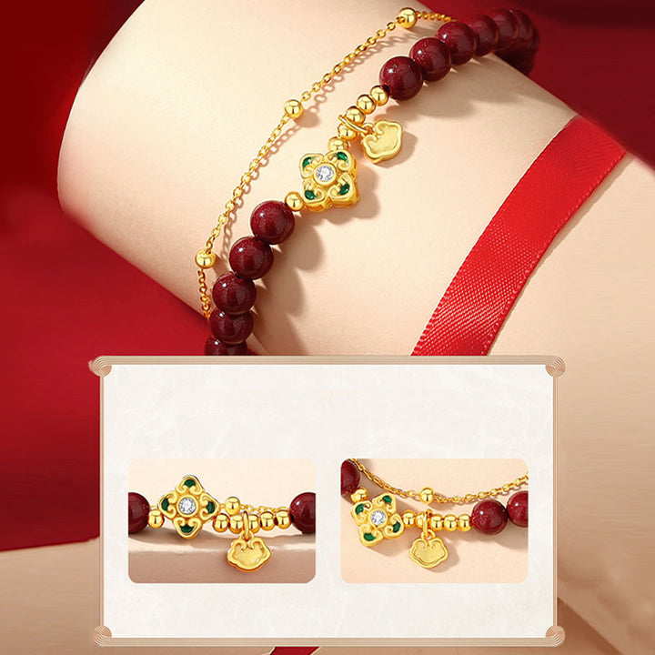 Buddha Stones 925 Sterling Silver Natural Cinnabar Four Leaf Clover Flower Blessing Chain Bracelet - image 8