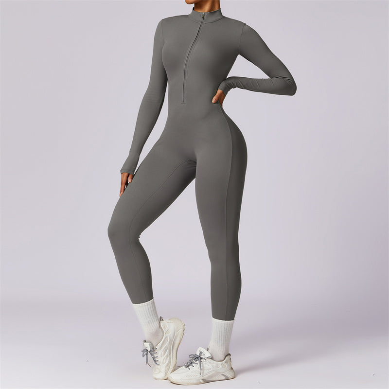 Buddha Stones Women Zipper Long Sleeve Shapewear Jumpsuit Sports Fitness Yoga Bodysuit