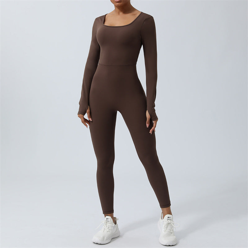 Buddha Stones Women Long Sleeve Backless Jumpsuit Sports Fitness Yoga Bodysuit - Brown - US8-10，UK/AU12-14，EU40-42 (XL)  - image 17