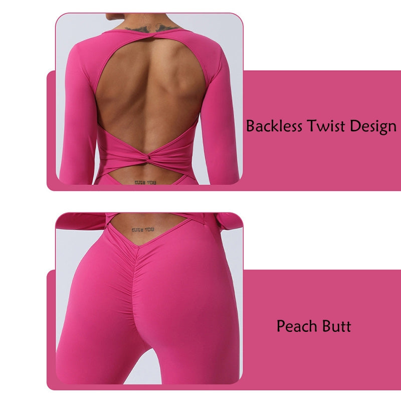 Buddha Stones Women Long Sleeve Backless Jumpsuit Sports Fitness Yoga Bodysuit