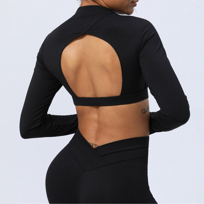 Buddha Stones 2Pcs Long Sleeve Backless Top Bra Leggings Pants Fitness Yoga Outfit Set