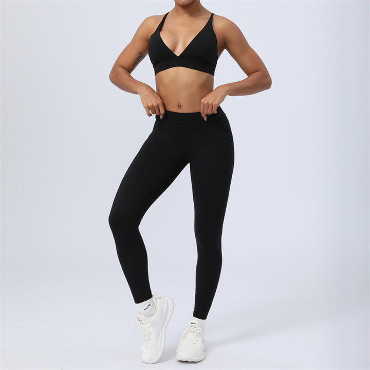 Buddha Stones 2Pcs Backless Criss-Cross Strap Design Top Bra Shorts Leggings Pants Fitness Yoga Outfit Set