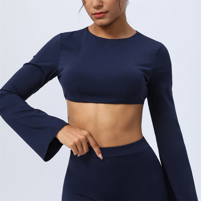 Buddha Stones Long Sleeve Backless Strap Top Bra Flare Pants Fitness Yoga Outfit - Dark Blue - Top - US8-10，UK/AU12-14，EU40-42 (XL)  - image 31