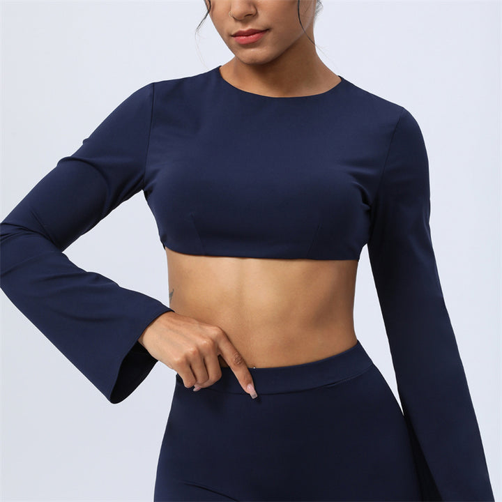 Buddha Stones Long Sleeve Backless Strap Top Bra Flare Pants Fitness Yoga Outfit - Dark Blue - Top - US8-10，UK/AU12-14，EU40-42 (XL)  - image 31