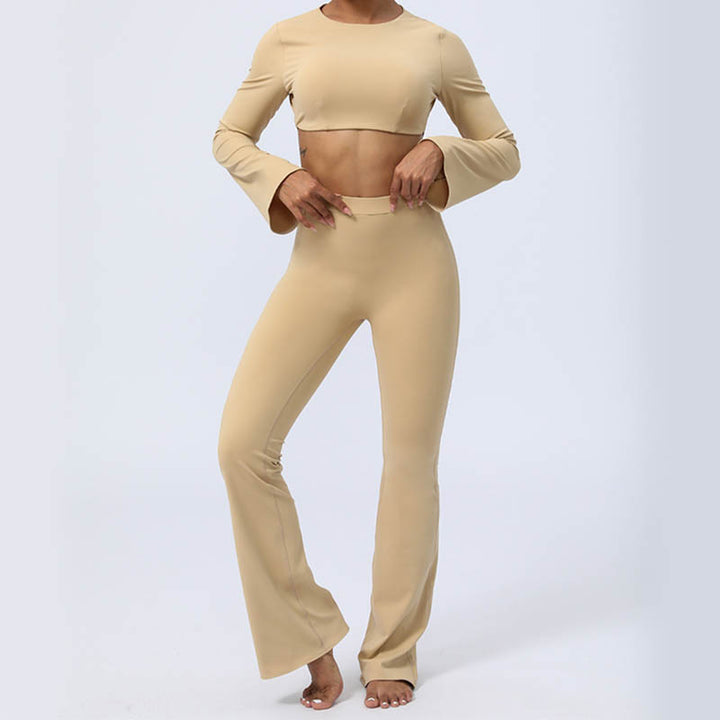 Buddha Stones Long Sleeve Backless Strap Top Bra Flare Pants Fitness Yoga Outfit - image 26