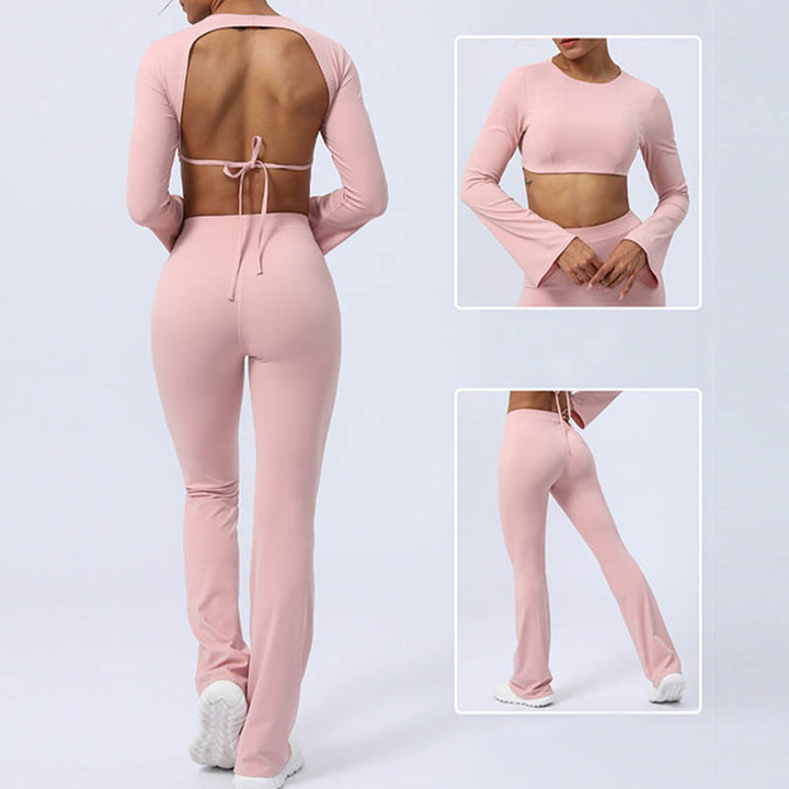 Buddha Stones Long Sleeve Backless Strap Top Bra Flare Pants Fitness Yoga Outfit