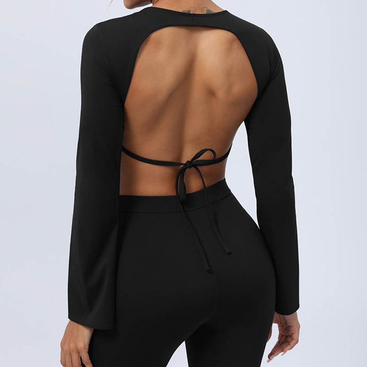 Buddha Stones Long Sleeve Backless Strap Top Bra Flare Pants Fitness Yoga Outfit - image 47