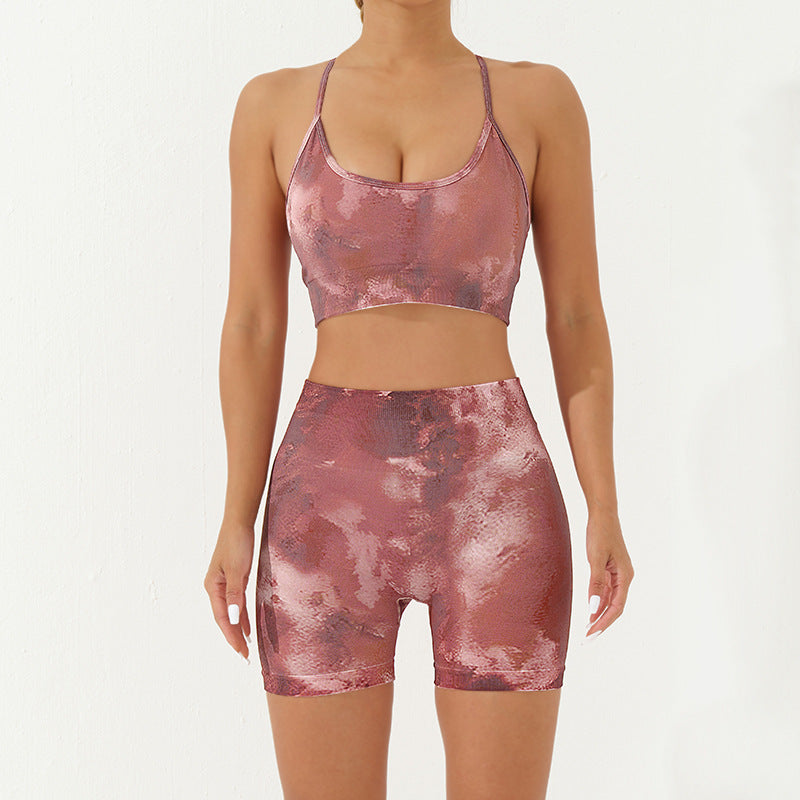 Buddha Stones 2Pcs Camo Print Backless Criss-Cross Strap Top Bra Shorts Leggings Pants Fitness Yoga Outfit Set - Burgundy - 2Pcs(Top&Shorts) - US8-10，UK/AU12-14，EU40-42 (L) - image 12