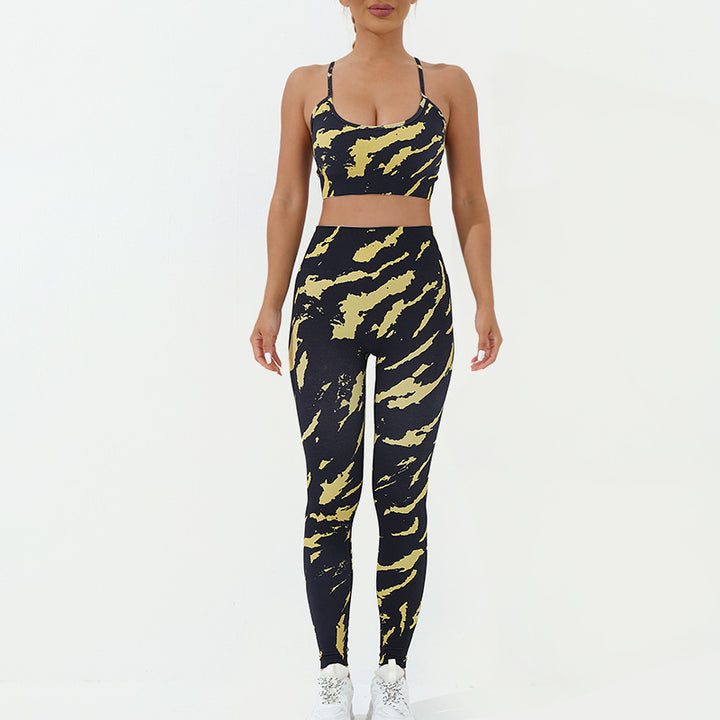 Buddha Stones 2Pcs Camo Print Backless Criss-Cross Strap Top Bra Shorts Leggings Pants Fitness Yoga Outfit Set - Yellow Black - 2Pcs(Top&Pants) - US8-10，UK/AU12-14，EU40-42 (L) - image 3
