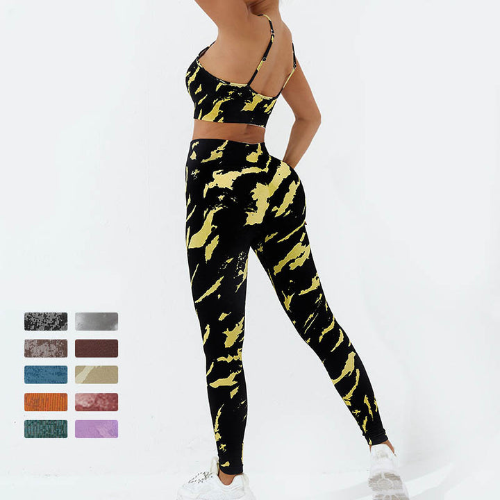 Buddha Stones 2Pcs Camo Print Backless Criss-Cross Strap Top Bra Shorts Leggings Pants Fitness Yoga Outfit Set