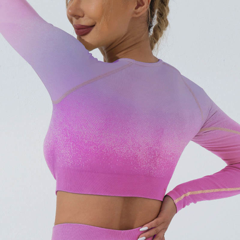 Buddha Stones Gradient Long Sleeve Crop Top Tee Bra Leggings Pants Fitness Yoga Outfit - Top - Purple Pink - US4，UK/AU8，EU36 (L) - image 10
