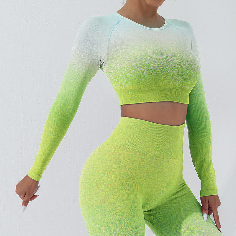 Buddha Stones Gradient Long Sleeve Crop Top Tee Bra Leggings Pants Fitness Yoga Outfit - Top - Green - US4，UK/AU8，EU36 (L) - image 11