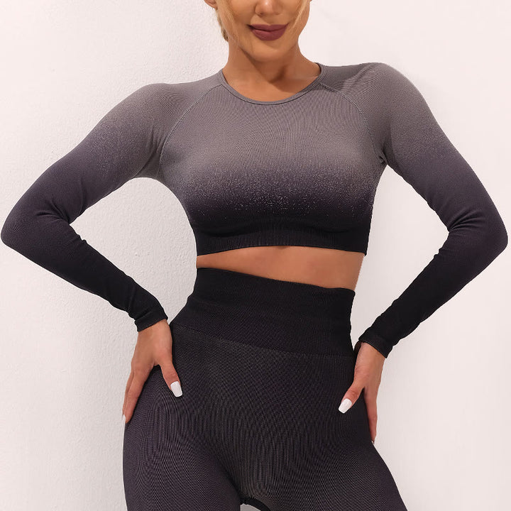 Buddha Stones Gradient Long Sleeve Crop Top Tee Bra Leggings Pants Fitness Yoga Outfit - Top - Black Gray - US4，UK/AU8，EU36 (L) - image 3