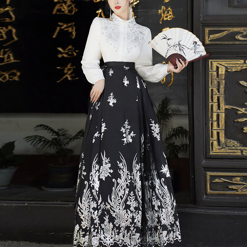 Buddha Stones Flowers Leaves Feathers Long Sleeve Shirt Top Chinese Hanfu Ming Dynasty Horse Face Skirt Mamianqun Skirt