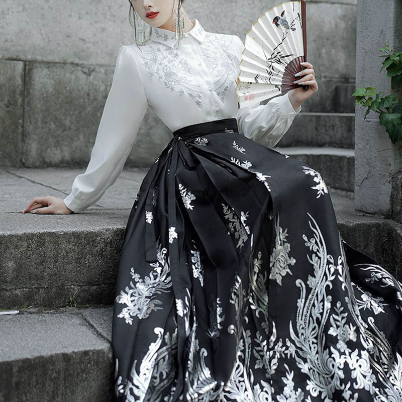 Buddha Stones Flowers Leaves Feathers Long Sleeve Shirt Top Chinese Hanfu Ming Dynasty Horse Face Skirt Mamianqun Skirt