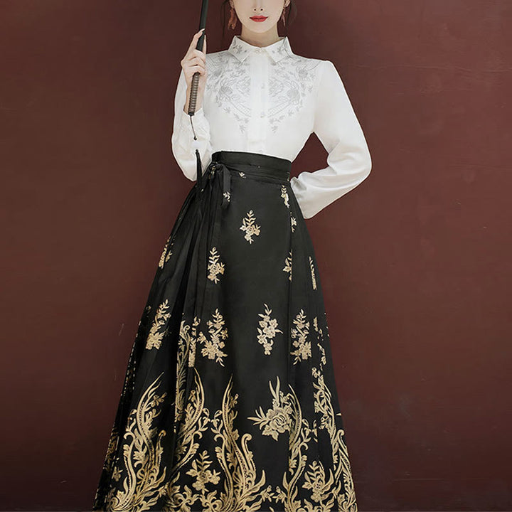 Buddha Stones Flowers Leaves Feathers Long Sleeve Shirt Top Chinese Hanfu Ming Dynasty Horse Face Skirt Mamianqun Skirt