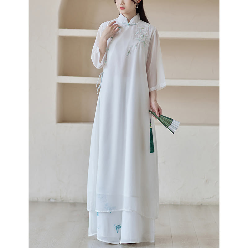 Buddha Stones Bamboo Cheongsam Dress Midi Dress Wide Leg Pants Meditation Spiritual Zen Practice Clothing