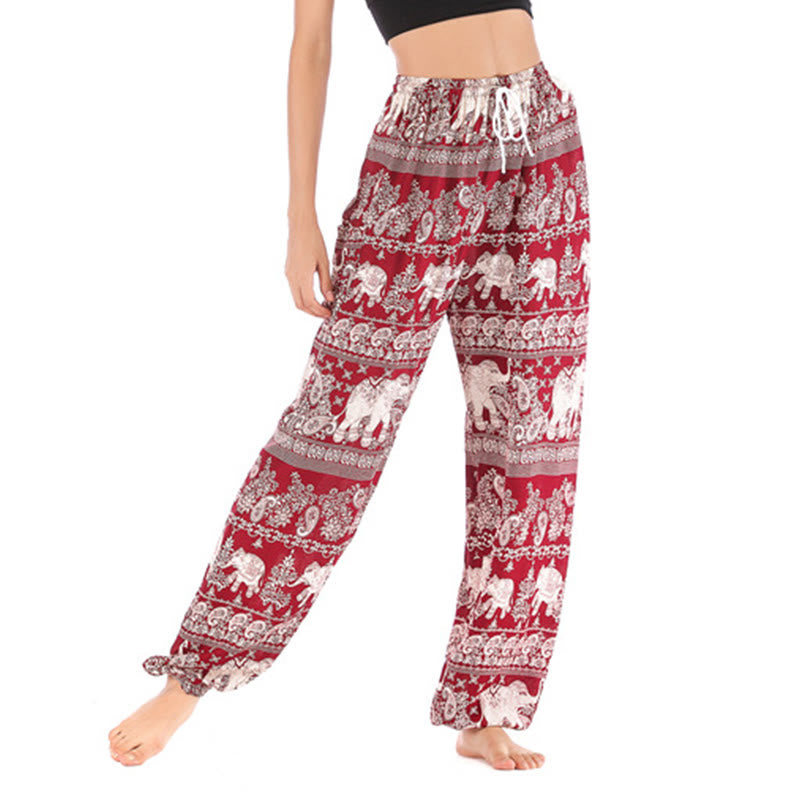 Buddha Stones Boho Loose Elephant Pattern Harem Trousers Women's Yoga Pants - Red-US2-8/10，UK/AU6-12/14，EU34-40/42 (F) - image 0