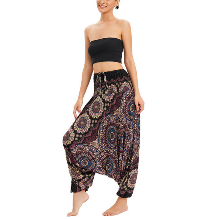 Buddha Stones Two Style Wear Mandala Flower Pattern Loose Smocked Harem Trousers Jumpsuit High Waist Pants - Brown Gold - US2-12，UK/AU6-16，EU34-44 (F) - image 6