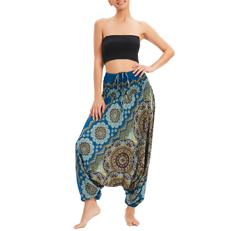 Buddha Stones Two Style Wear Mandala Flower Pattern Loose Smocked Harem Trousers Jumpsuit High Waist Pants - Sky Blue - US2-12，UK/AU6-16，EU34-44 (F) - image 27