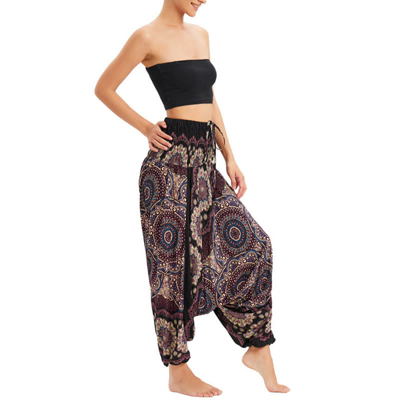 Buddha Stones Two Style Wear Mandala Flower Pattern Loose Smocked Harem Trousers Jumpsuit High Waist Pants