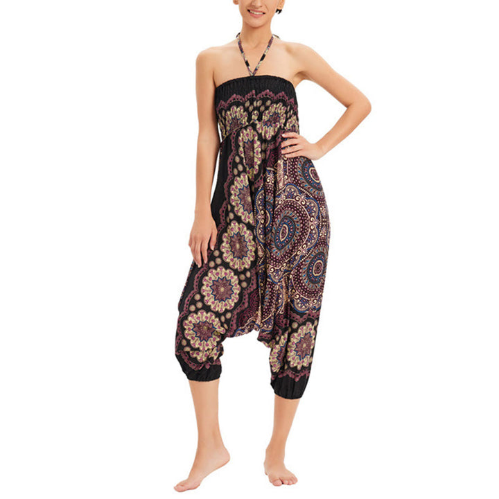 Buddha Stones Two Style Wear Mandala Flower Pattern Loose Smocked Harem Trousers Jumpsuit High Waist Pants - image 11
